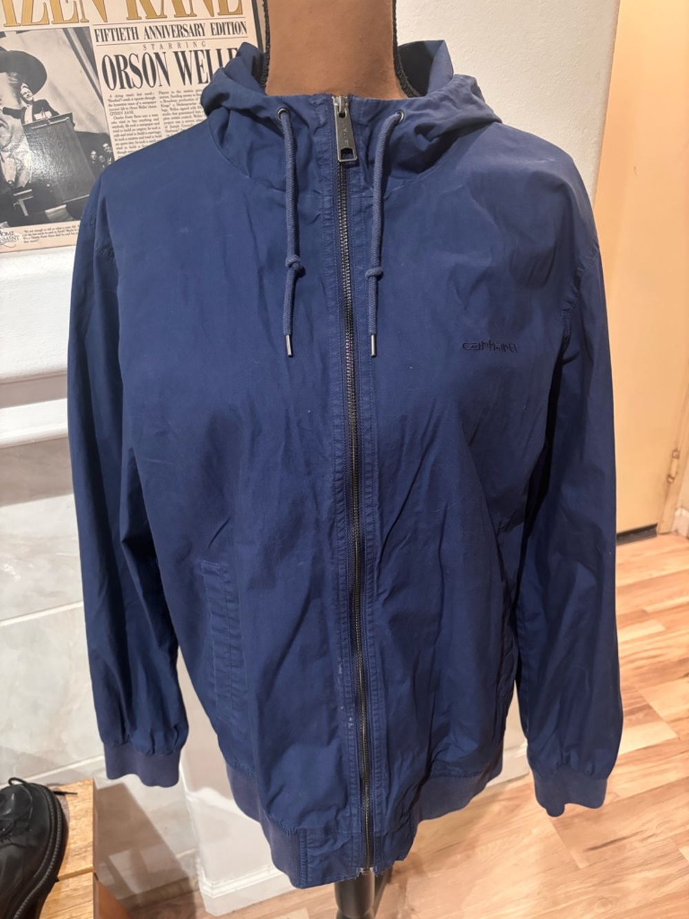 Carhartt Navy Hooded Windbreaker Jacket - Full Zip Size L.